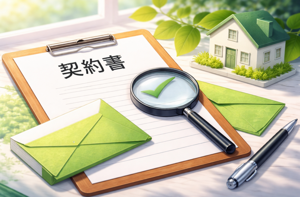 クーリングオフと内容証明郵便のイメージ。契約書・封筒・住宅模型が配置されたアイキャッチ画像