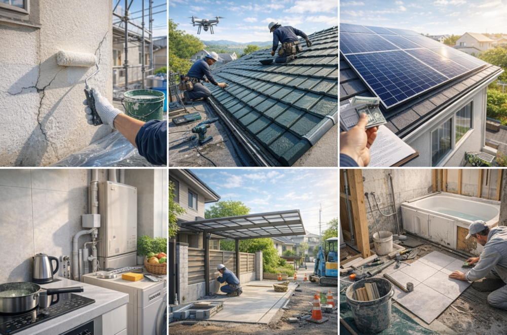 外壁リフォーム・屋根リフォーム・太陽光発電・オール電化・エクステリア・室内リフォームの6サービスを示したイメージ図